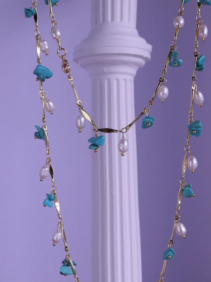 Turquoise & Pearl Double Layered Necklace – Boho Gold Chain Long Necklace (102cm)