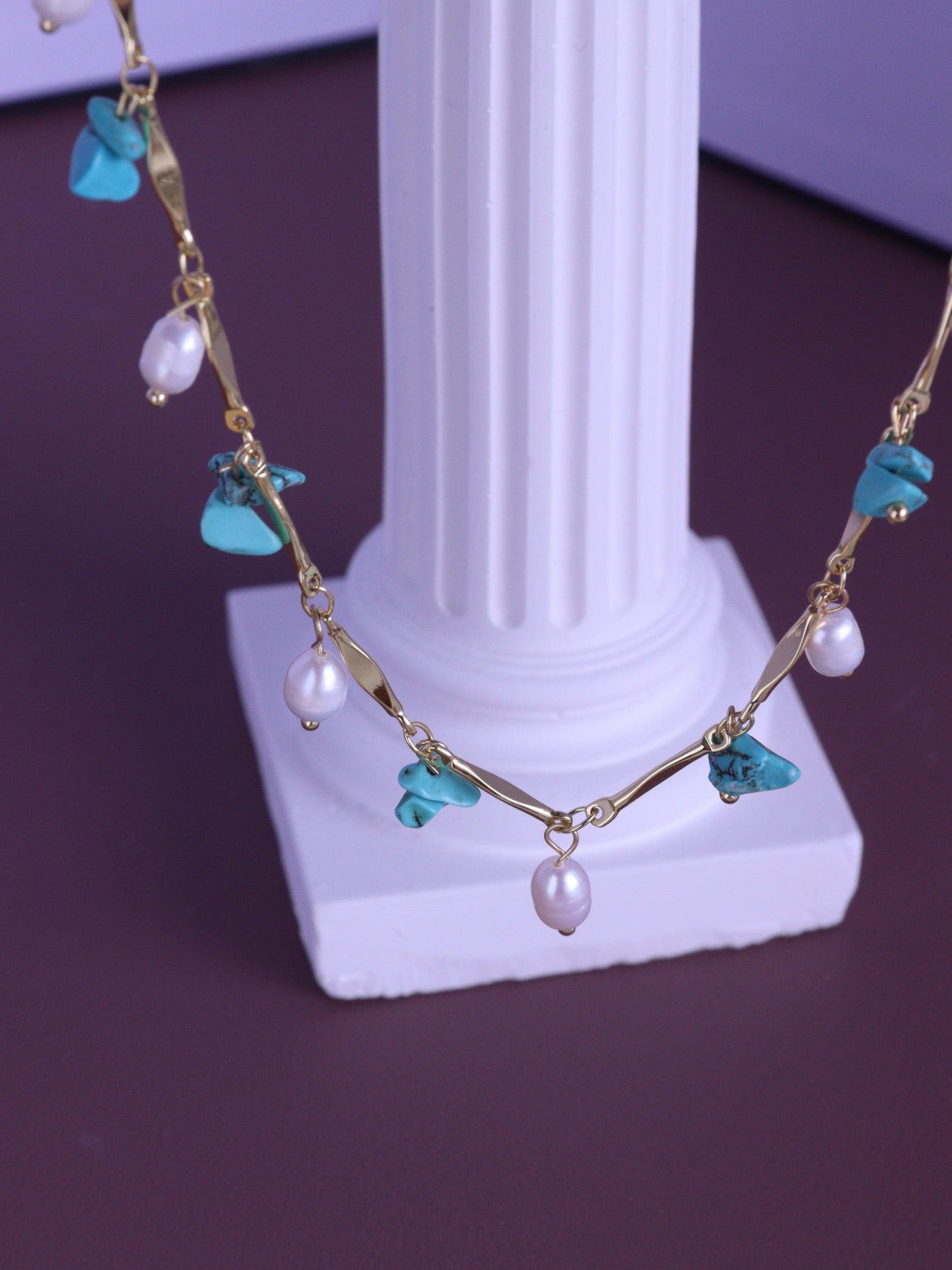 Turquoise & Pearl Double Layered Necklace – Boho Gold Chain Long Necklace (102cm)