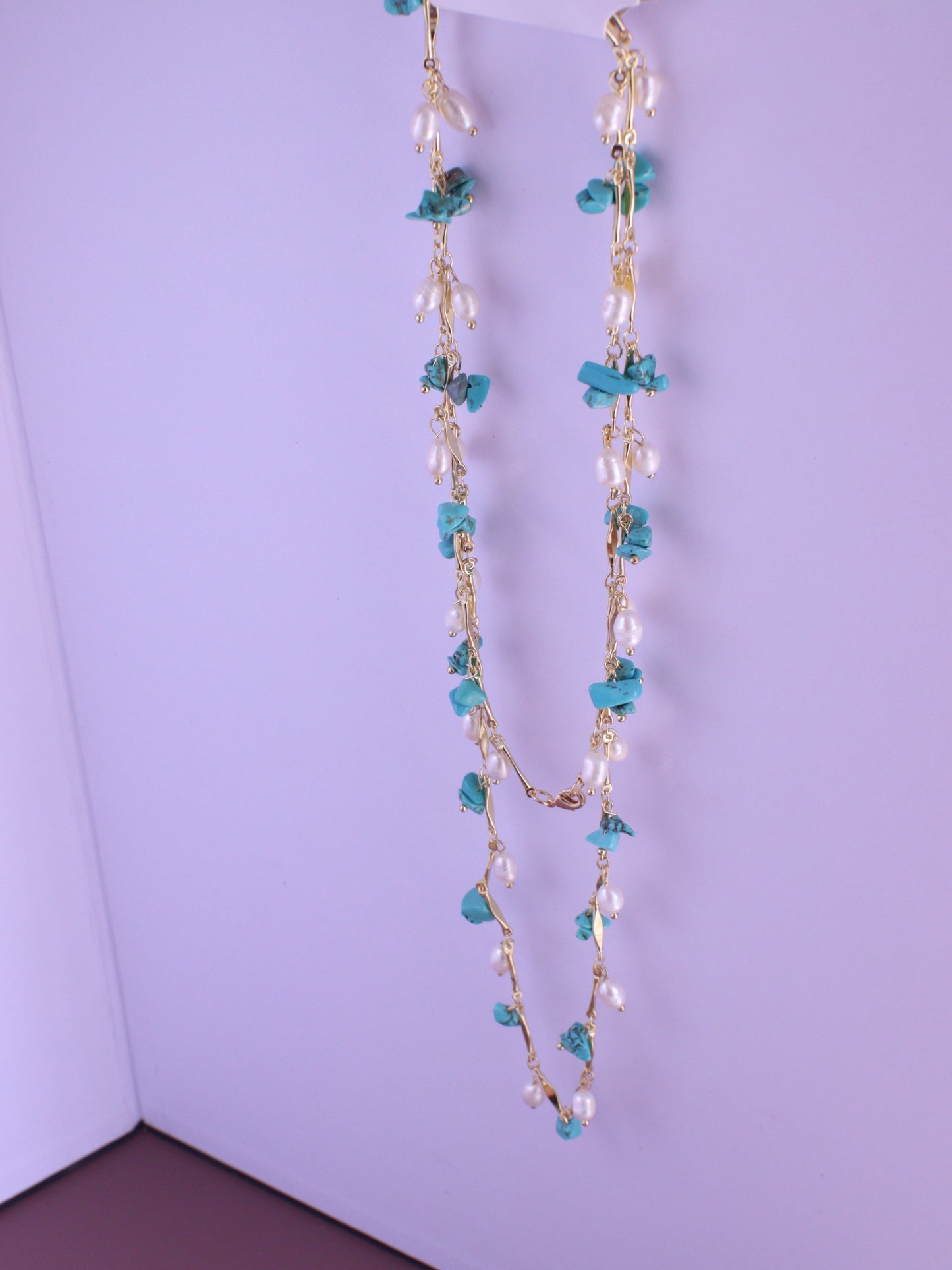 Turquoise & Pearl Double Layered Necklace – Boho Gold Chain Long Necklace (102cm)