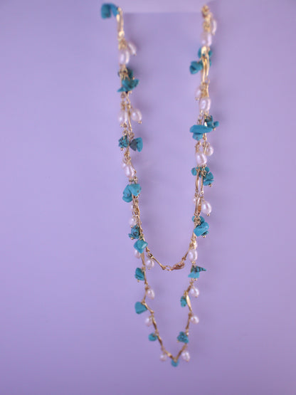 Turquoise & Pearl Double Layered Necklace – Boho Gold Chain Long Necklace (102cm)