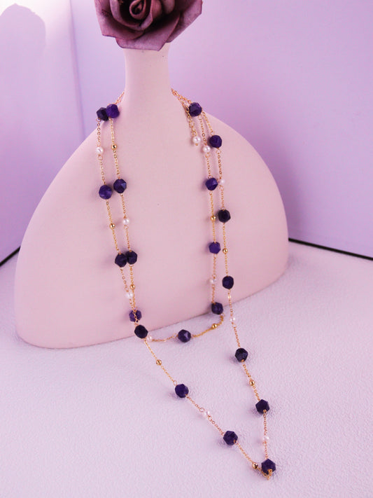 Amethyst & Pearl Double-Strand Long Necklace – Layering Gold Beaded Chain (104cm)