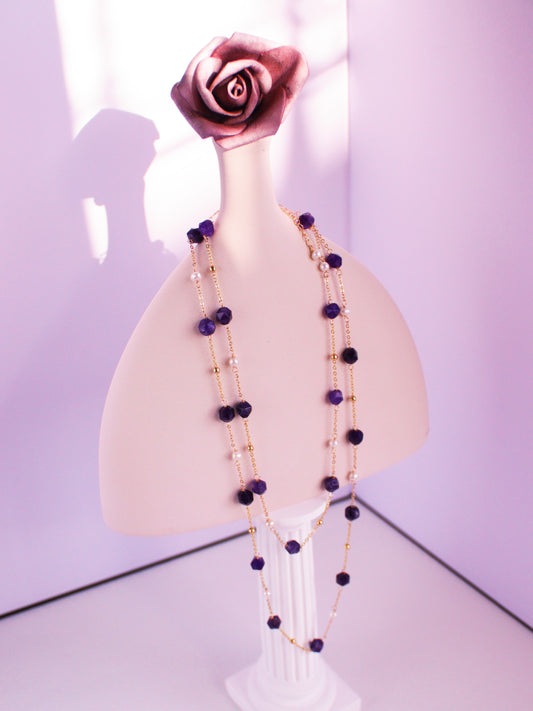 Amethyst & Pearl Double-Strand Long Necklace – Layering Gold Beaded Chain (104cm)