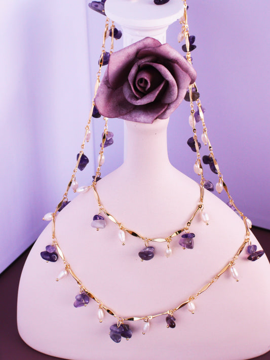 "Thorn Inspired" Amethyst Pearl Necklace – Artistic Nature Layering Jewelry (104cm)