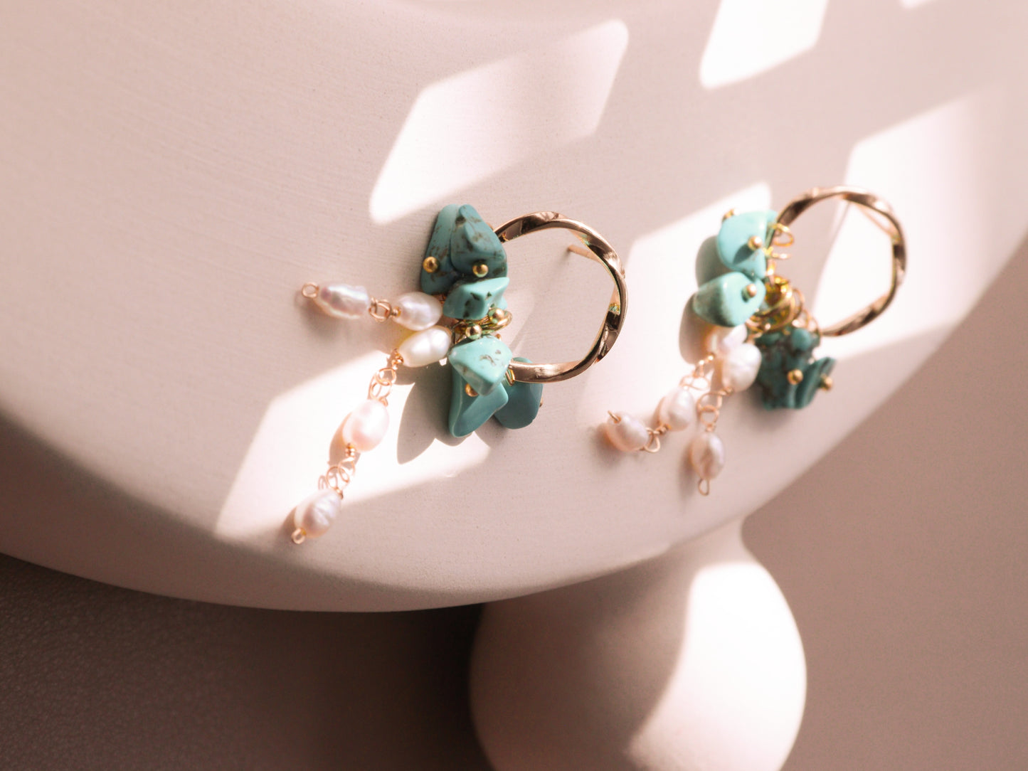Natural Gemstone & Pearl Dangle Hoops – Turquoise or Lapis Lazuli Gold Dangles