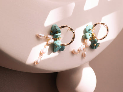 Natural Gemstone & Pearl Dangle Hoops – Turquoise or Lapis Lazuli Gold Dangles