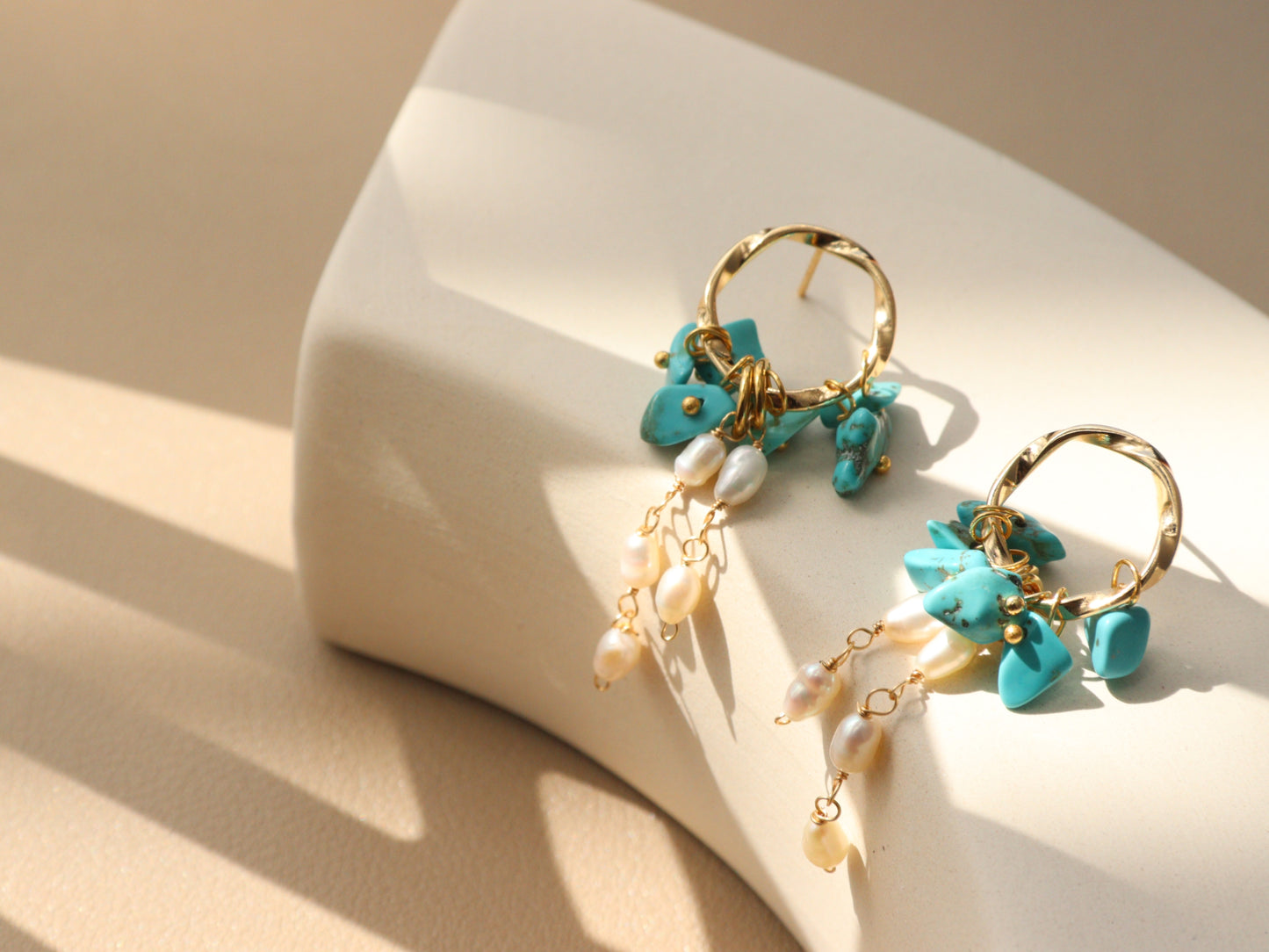 Natural Gemstone & Pearl Dangle Hoops – Turquoise or Lapis Lazuli Gold Dangles