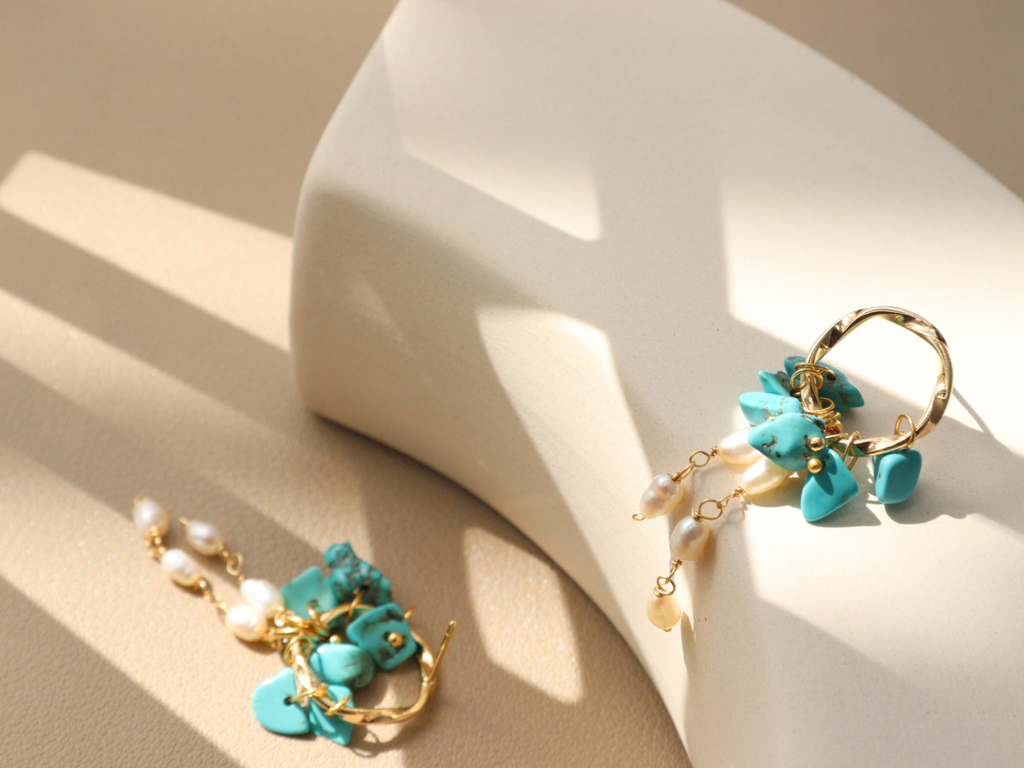 Natural Gemstone & Pearl Dangle Hoops – Turquoise or Lapis Lazuli Gold Dangles