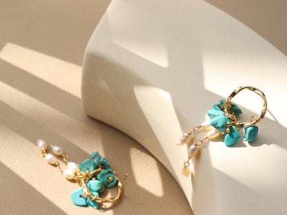 Natural Gemstone & Pearl Dangle Hoops – Turquoise or Lapis Lazuli Gold Dangles