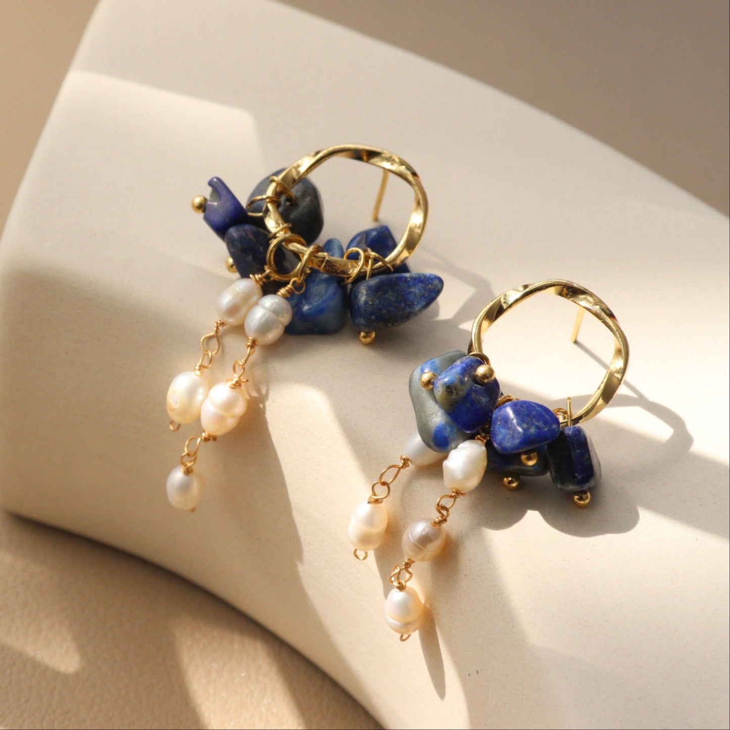 Natural Gemstone & Pearl Dangle Hoops – Turquoise or Lapis Lazuli Gold Dangles