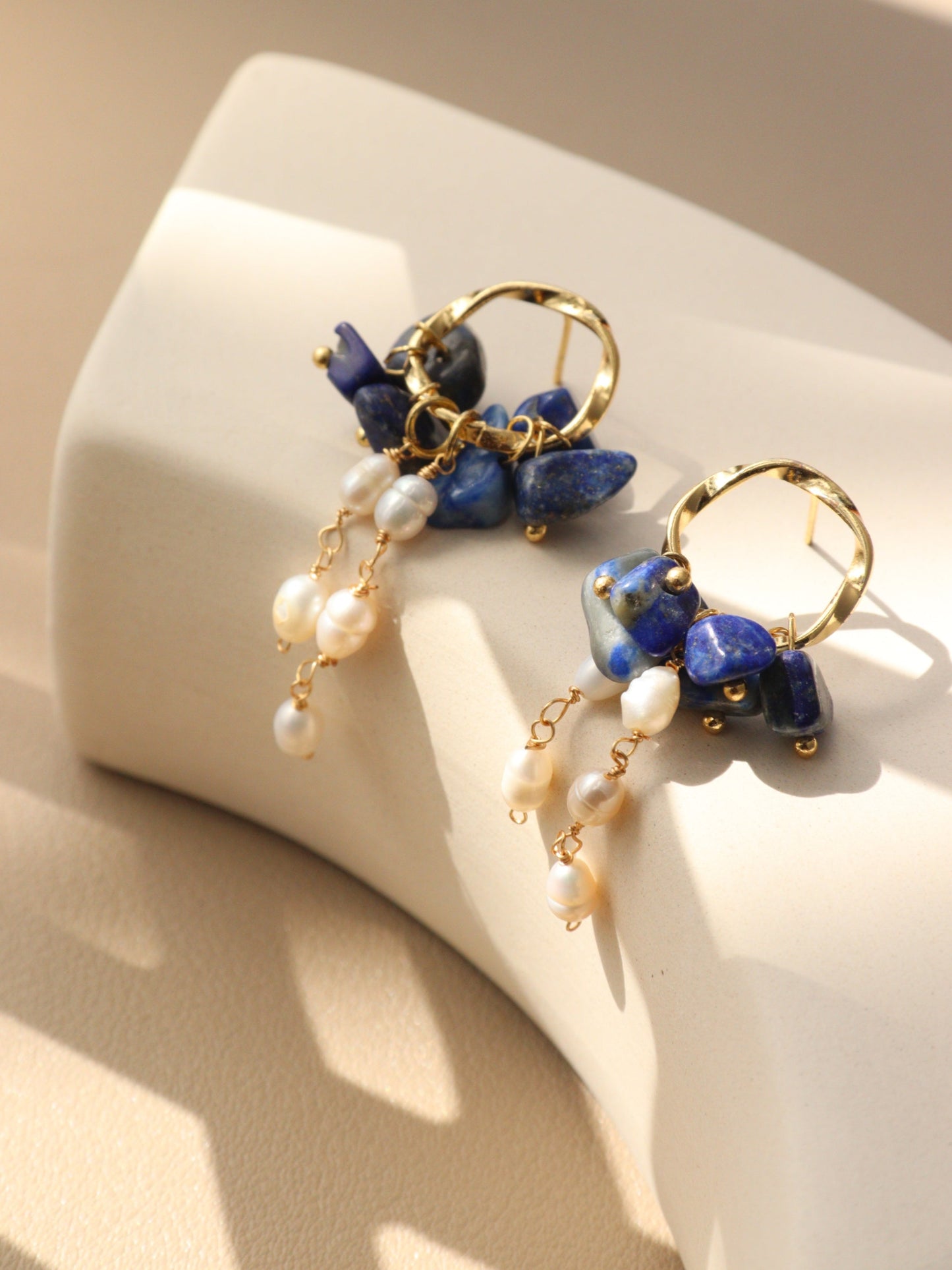 Natural Gemstone & Pearl Dangle Hoops – Turquoise or Lapis Lazuli Gold Dangles