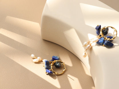 Natural Gemstone & Pearl Dangle Hoops – Turquoise or Lapis Lazuli Gold Dangles