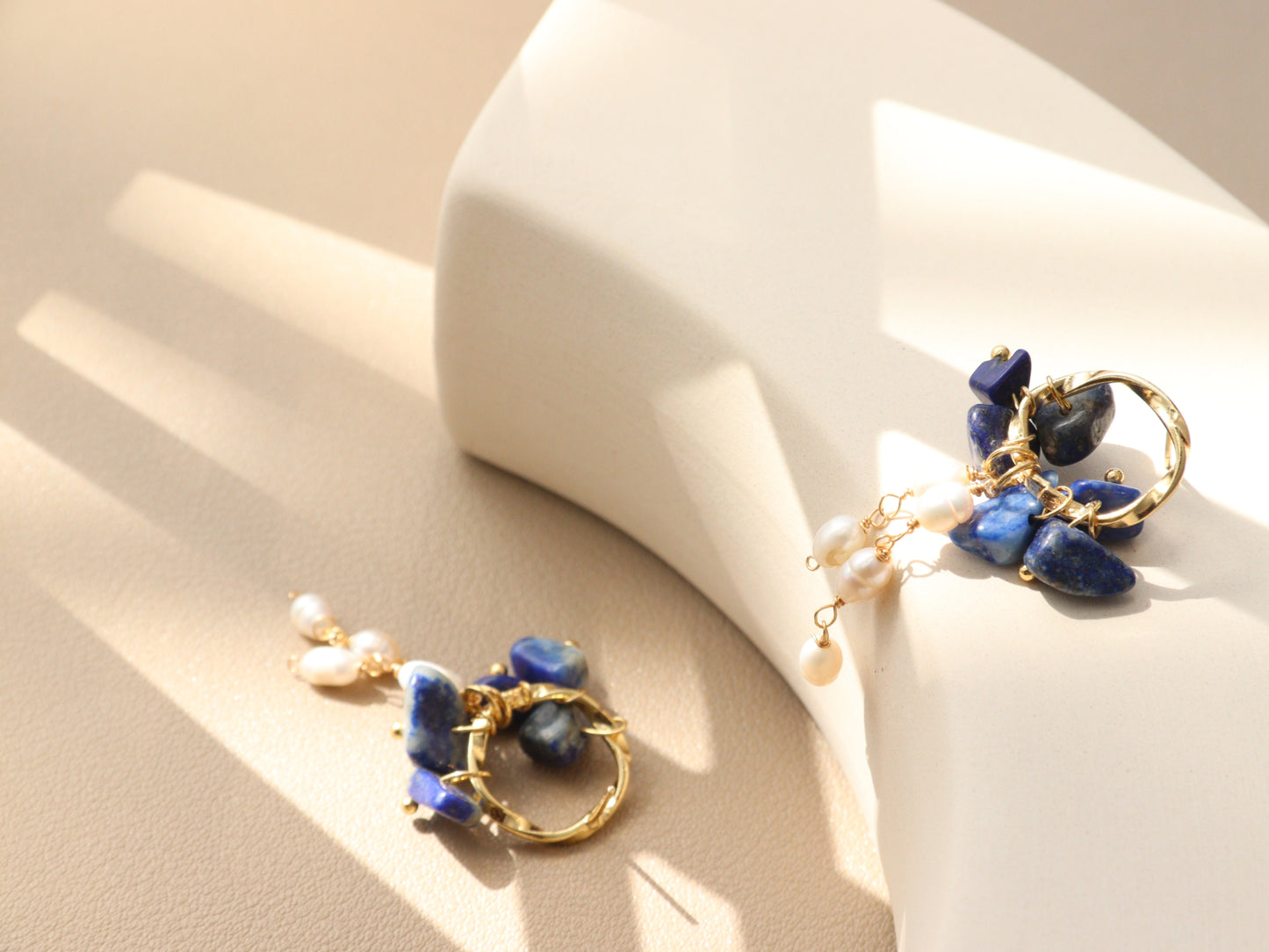 Natural Gemstone & Pearl Dangle Hoops – Turquoise or Lapis Lazuli Gold Dangles