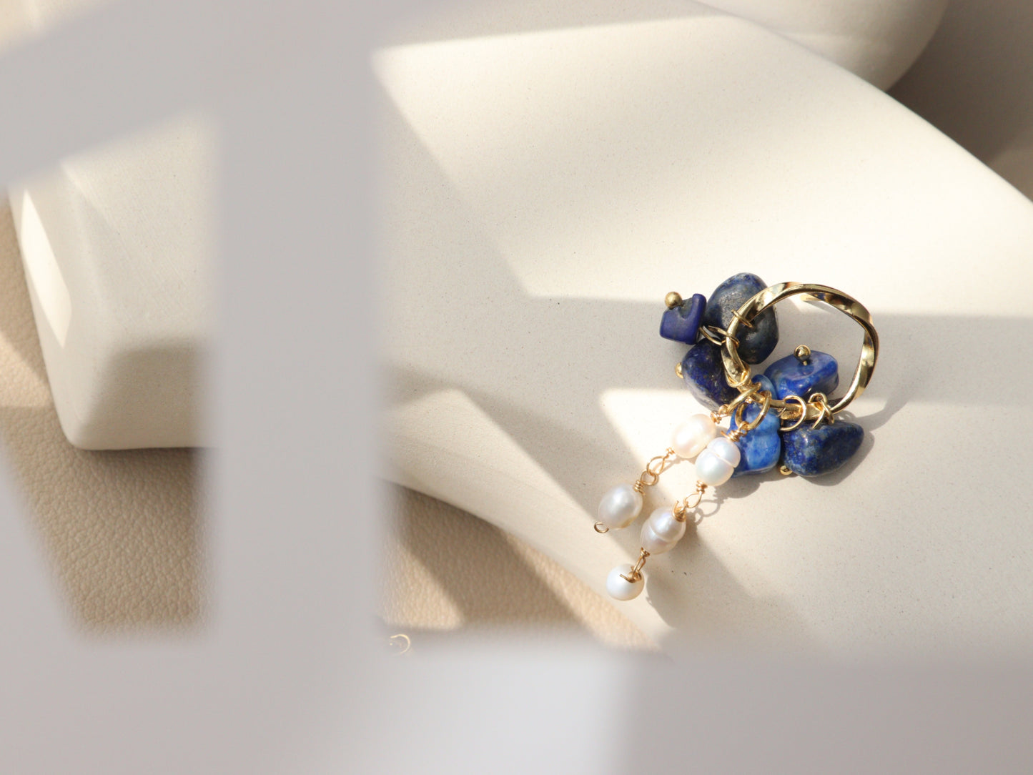 Natural Gemstone & Pearl Dangle Hoops – Turquoise or Lapis Lazuli Gold Dangles