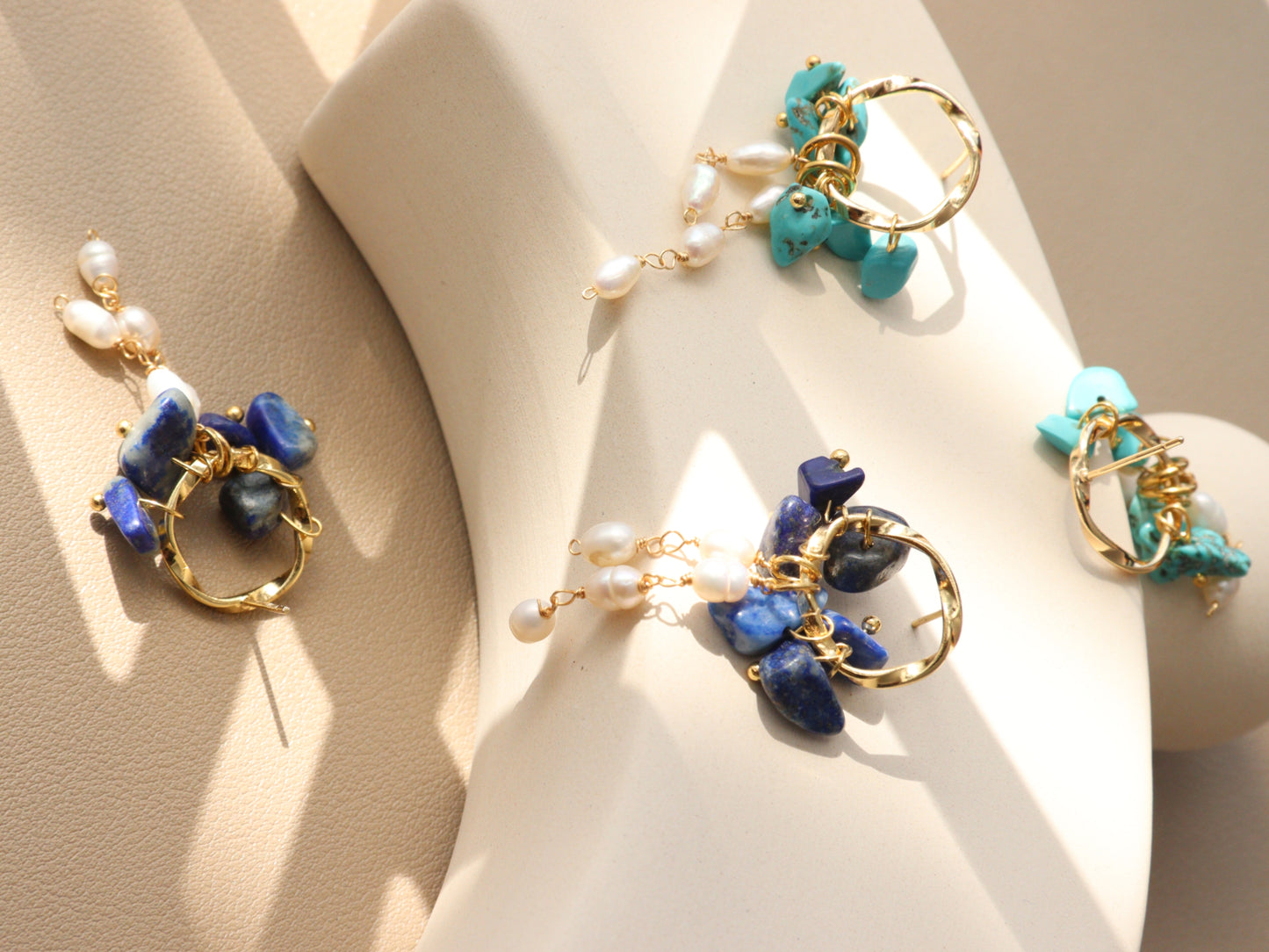 Natural Gemstone & Pearl Dangle Hoops – Turquoise or Lapis Lazuli Gold Dangles