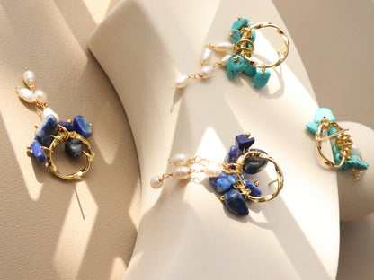 Natural Gemstone & Pearl Dangle Hoops – Turquoise or Lapis Lazuli Gold Dangles