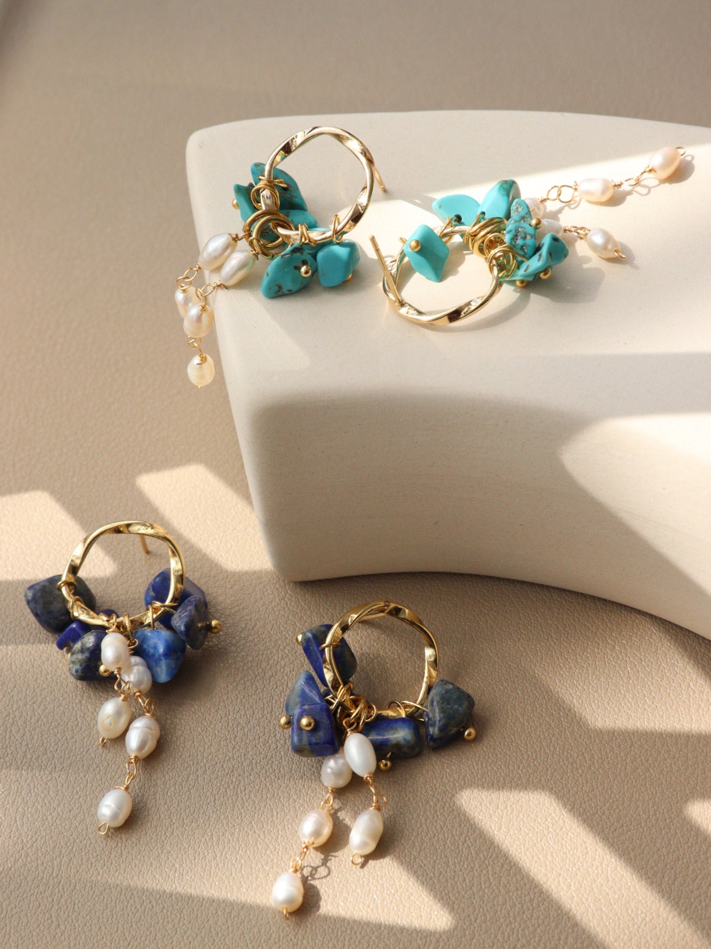Natural Gemstone & Pearl Dangle Hoops – Turquoise or Lapis Lazuli Gold Dangles