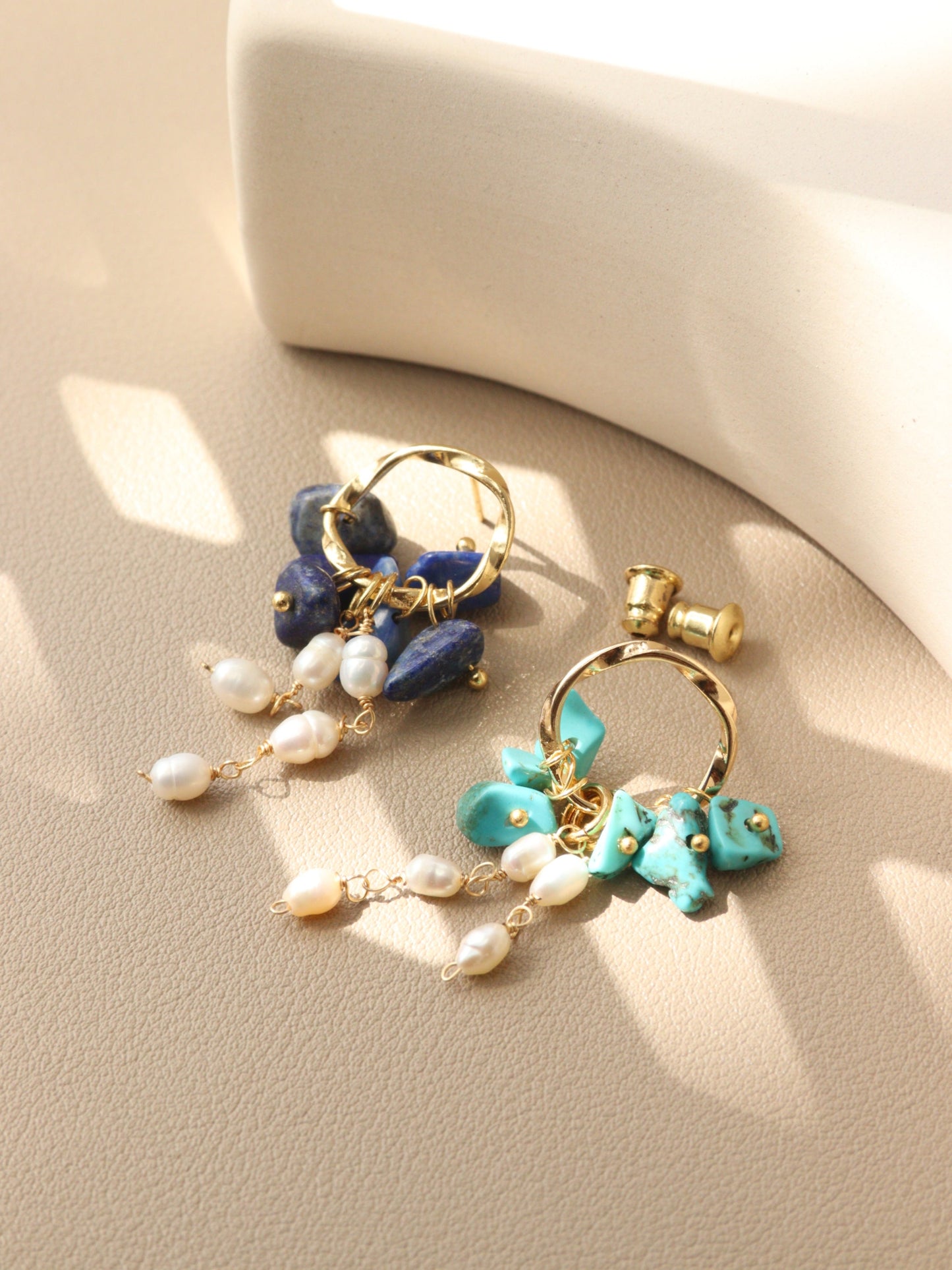 Natural Gemstone & Pearl Dangle Hoops – Turquoise or Lapis Lazuli Gold Dangles