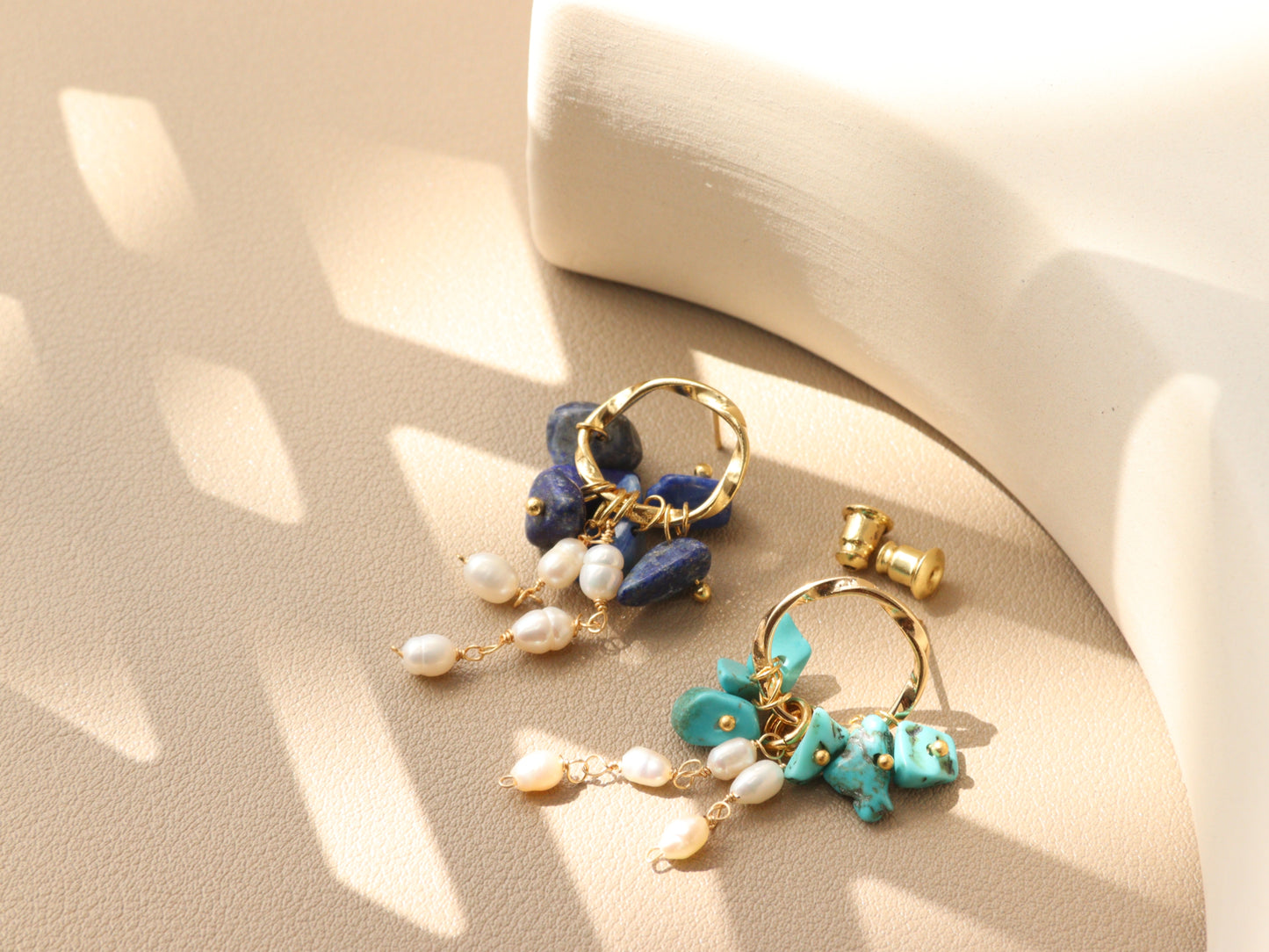 Natural Gemstone & Pearl Dangle Hoops – Turquoise or Lapis Lazuli Gold Dangles