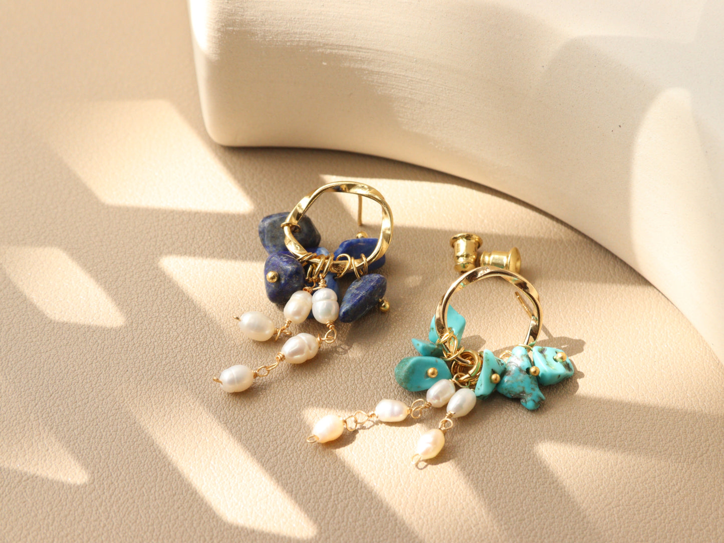 Natural Gemstone & Pearl Dangle Hoops – Turquoise or Lapis Lazuli Gold Dangles