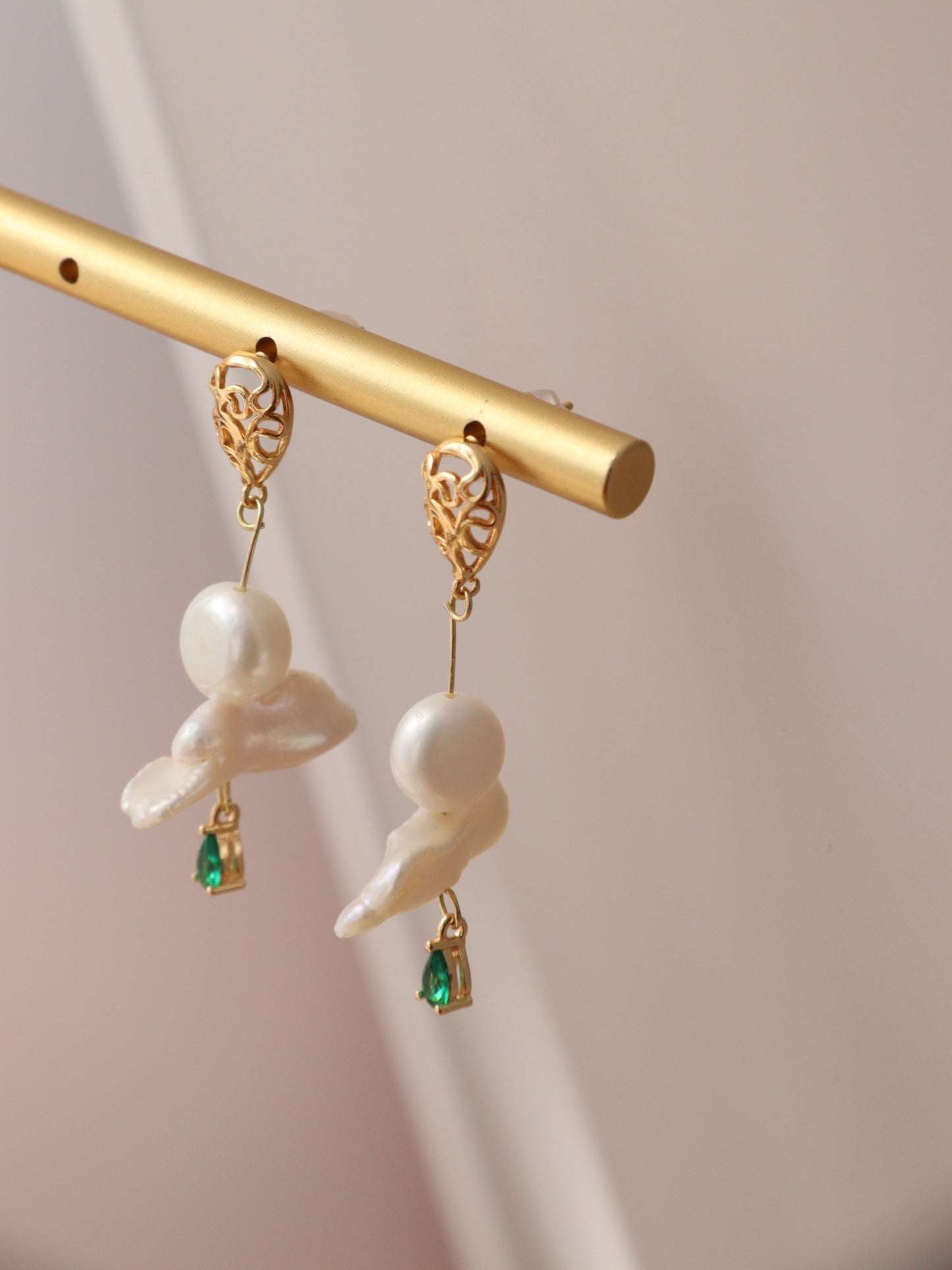 Green Zircon Baroque Pearl Drop Earrings – Artistic Gold Plated Statement Dangles
