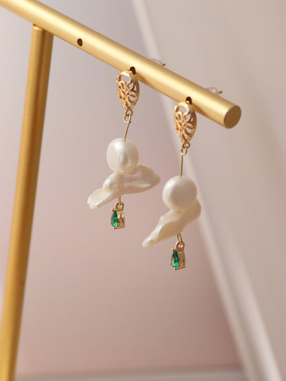 Green Zircon Baroque Pearl Drop Earrings – Artistic Gold Plated Statement Dangles