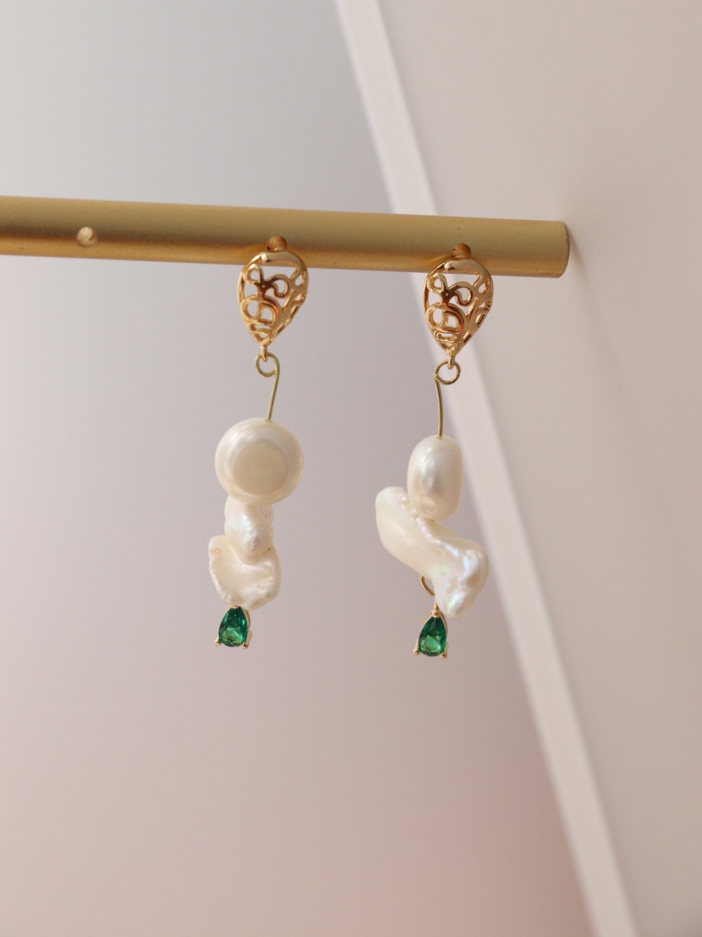 Green Zircon Baroque Pearl Drop Earrings – Artistic Gold Plated Statement Dangles
