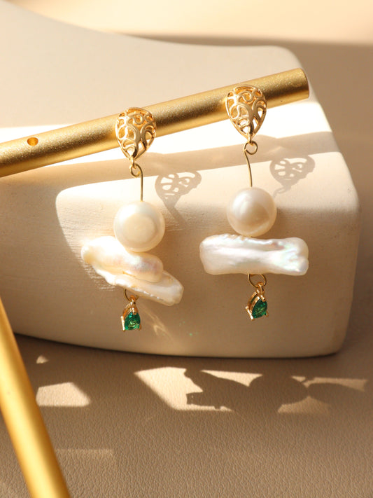 Green Zircon Baroque Pearl Drop Earrings – Artistic Gold Plated Statement Dangles