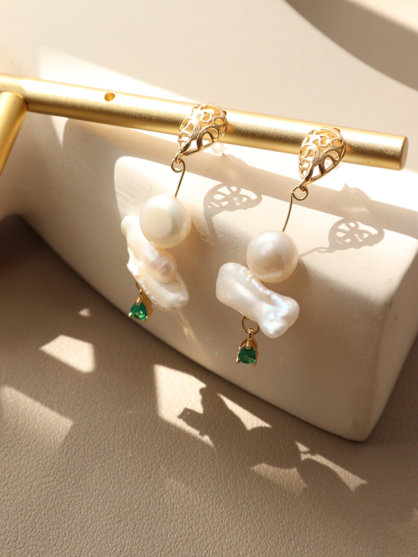 Green Zircon Baroque Pearl Drop Earrings – Artistic Gold Plated Statement Dangles