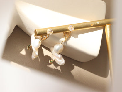 Green Zircon Baroque Pearl Drop Earrings – Artistic Gold Plated Statement Dangles