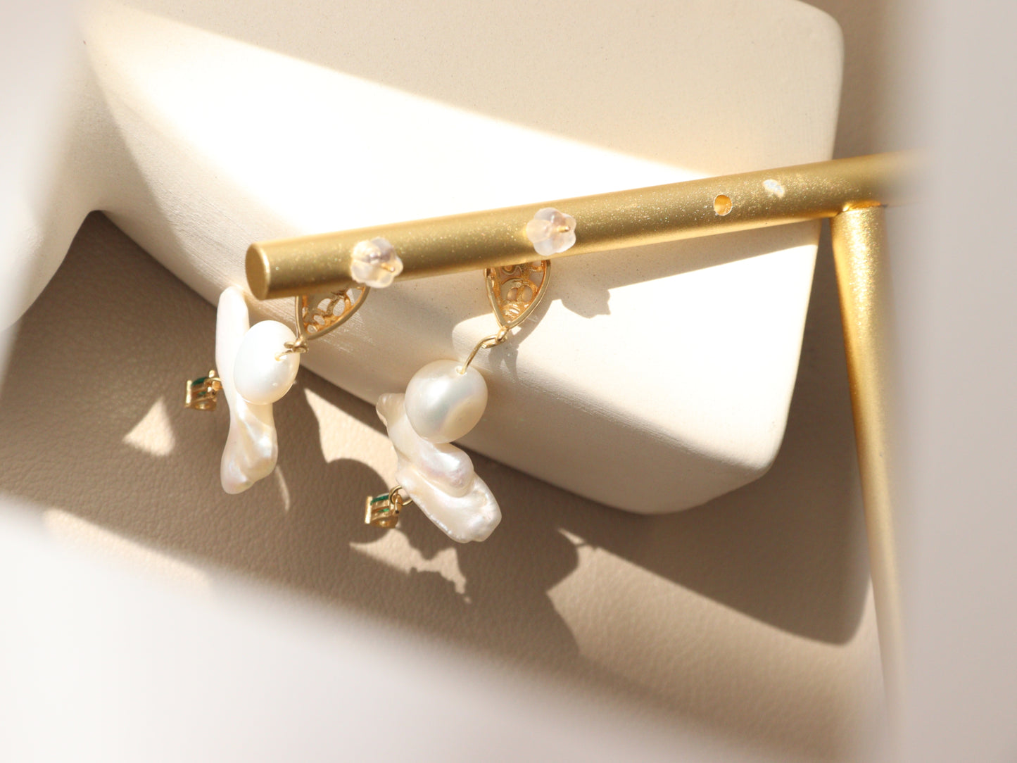 Green Zircon Baroque Pearl Drop Earrings – Artistic Gold Plated Statement Dangles