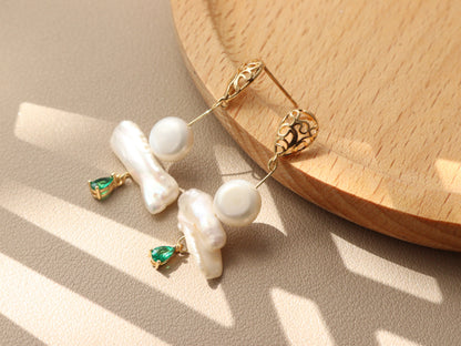 Green Zircon Baroque Pearl Drop Earrings – Artistic Gold Plated Statement Dangles