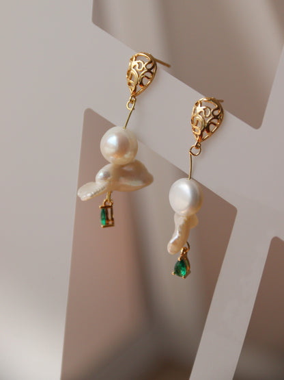 Green Zircon Baroque Pearl Drop Earrings – Artistic Gold Plated Statement Dangles
