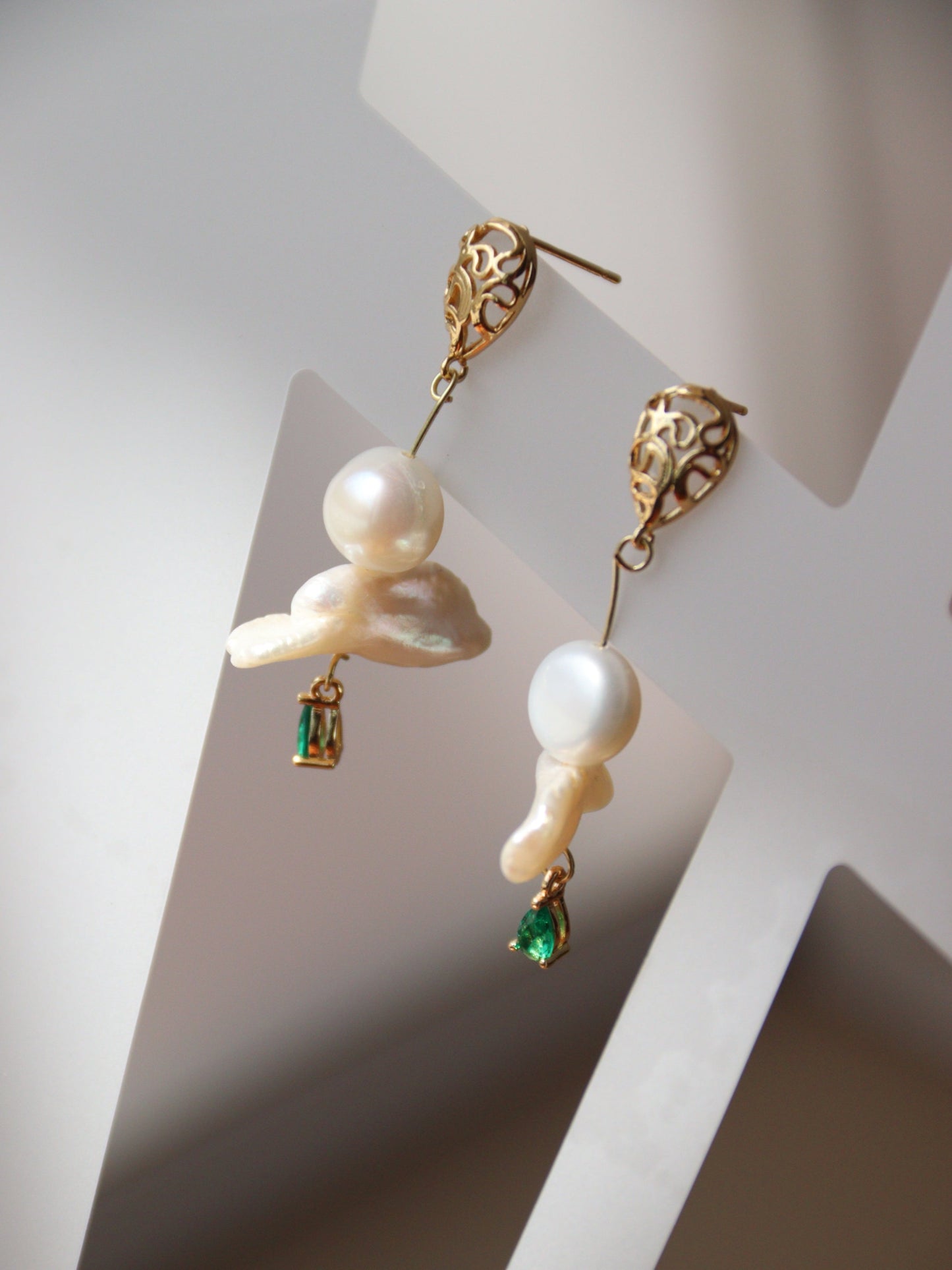 Green Zircon Baroque Pearl Drop Earrings – Artistic Gold Plated Statement Dangles