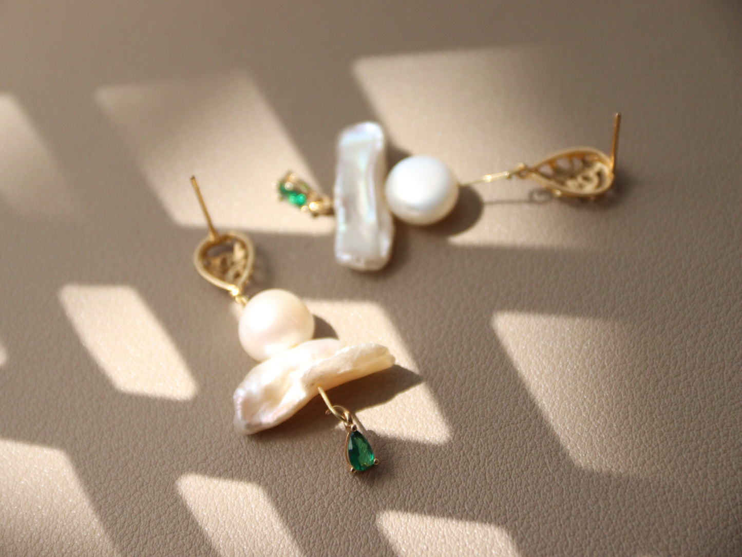 Green Zircon Baroque Pearl Drop Earrings – Artistic Gold Plated Statement Dangles