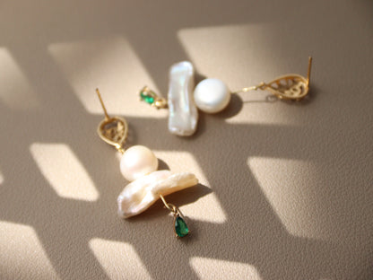 Green Zircon Baroque Pearl Drop Earrings – Artistic Gold Plated Statement Dangles