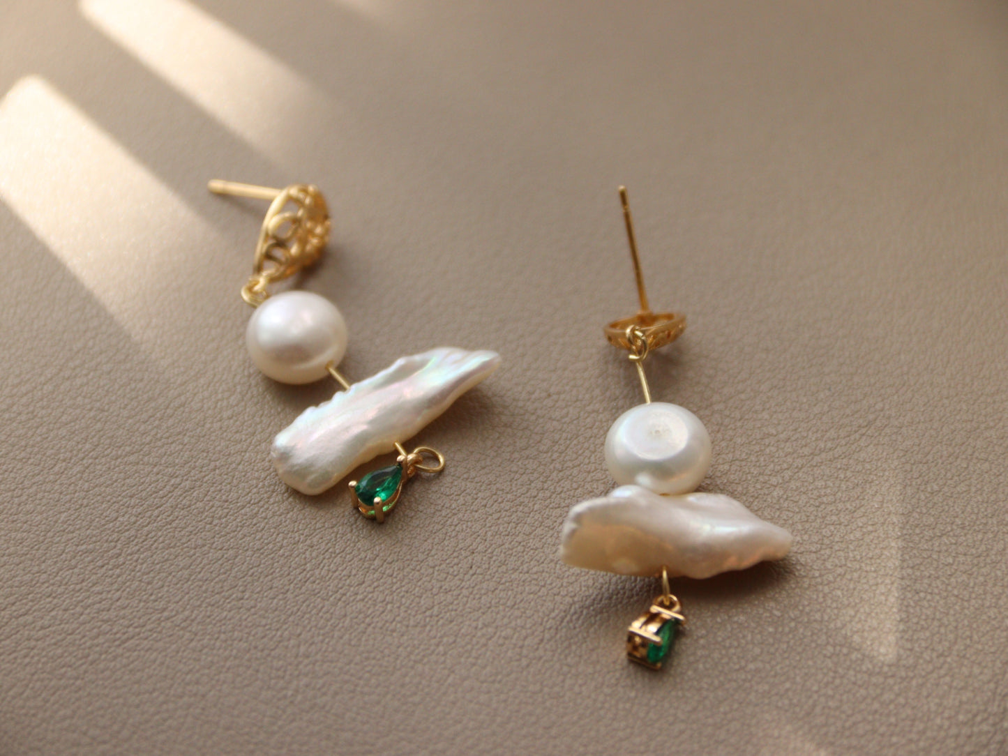 Green Zircon Baroque Pearl Drop Earrings – Artistic Gold Plated Statement Dangles