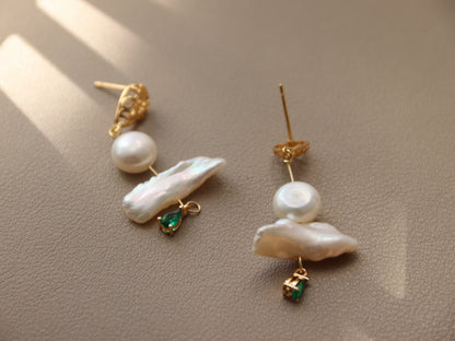 Green Zircon Baroque Pearl Drop Earrings – Artistic Gold Plated Statement Dangles