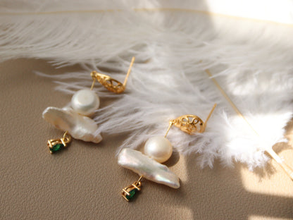 Green Zircon Baroque Pearl Drop Earrings – Artistic Gold Plated Statement Dangles