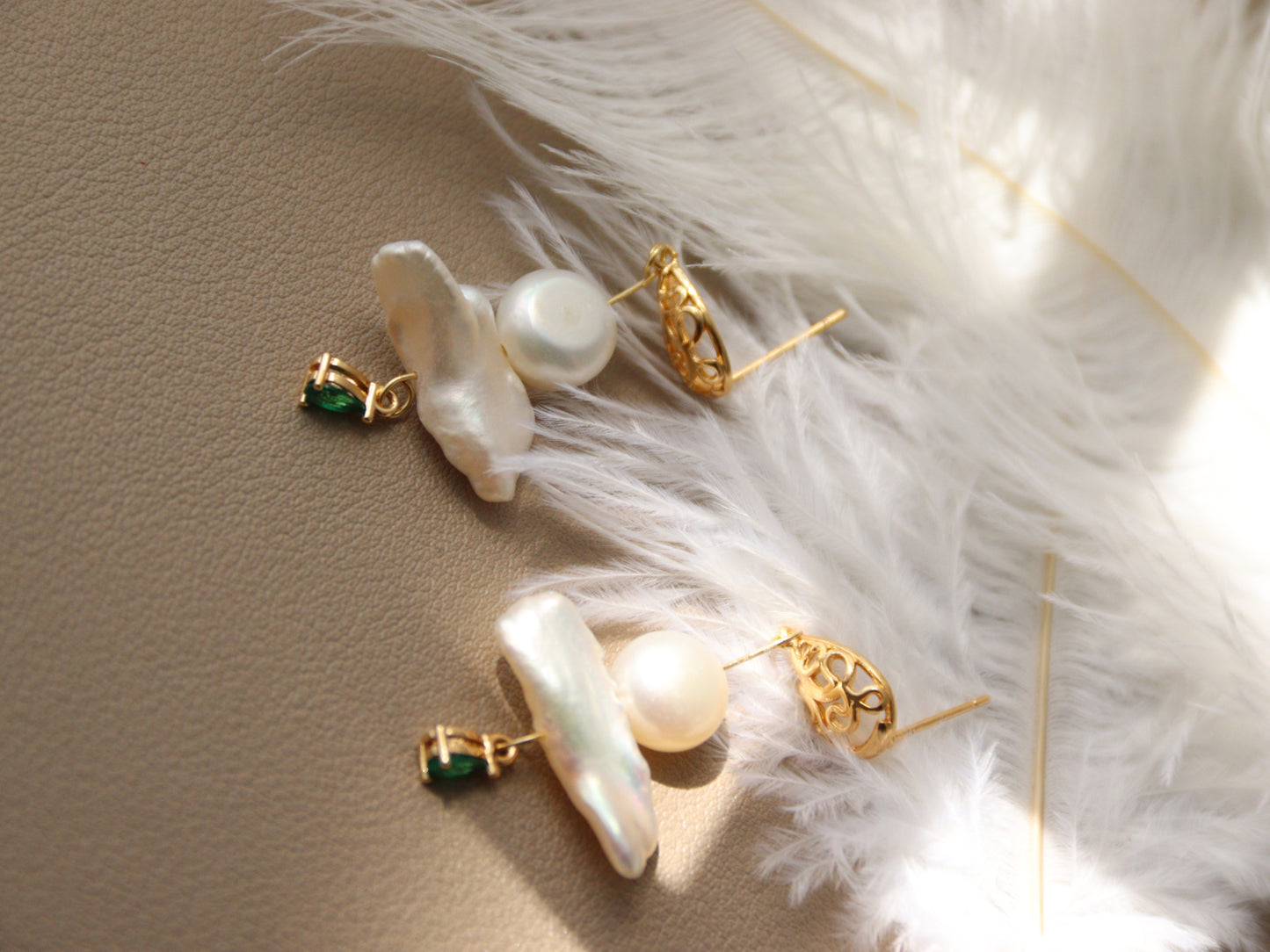Green Zircon Baroque Pearl Drop Earrings – Artistic Gold Plated Statement Dangles