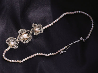 Woven Three-Flower Pearl Choker – Hand-crafted Bridal Wedding Necklace (40cm)