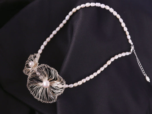 "Mother and Child" Two-Flower Pearl Necklace – Asymmetrical Artisan Choker