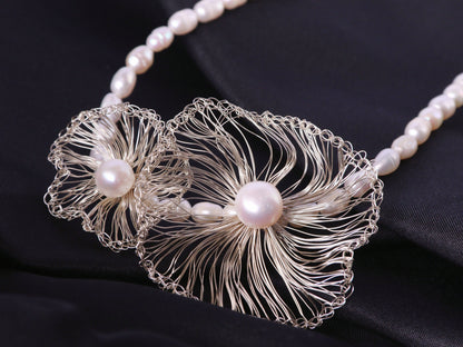 "Mother and Child" Two-Flower Pearl Necklace – Asymmetrical Artisan Choker