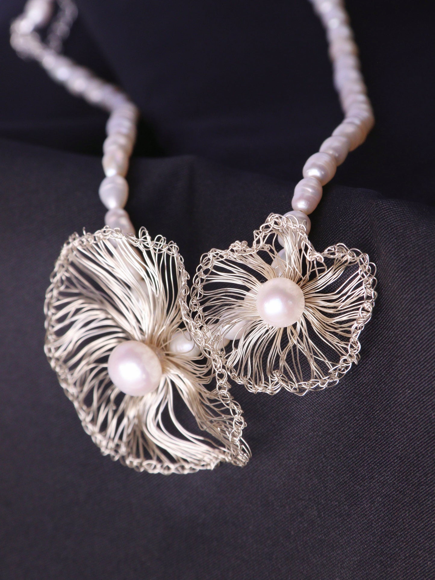 "Mother and Child" Two-Flower Pearl Necklace – Asymmetrical Artisan Choker
