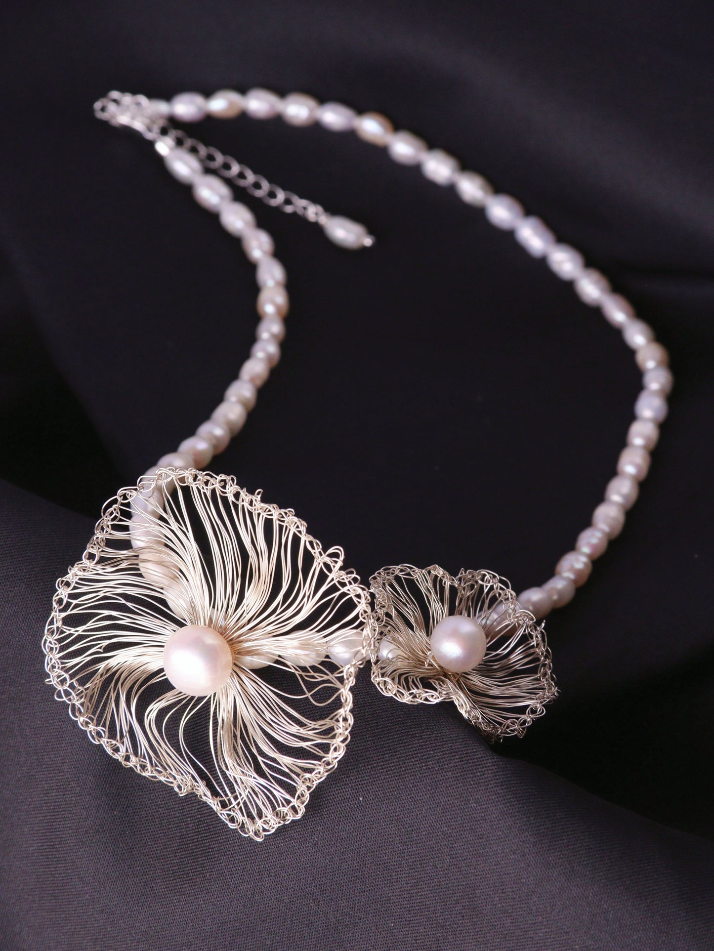 "Mother and Child" Two-Flower Pearl Necklace – Asymmetrical Artisan Choker