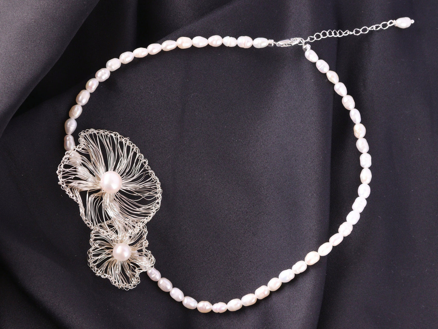 "Mother and Child" Two-Flower Pearl Necklace – Asymmetrical Artisan Choker