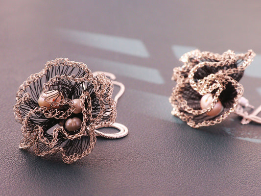 Black & Silver Pearl Tassel Earrings – Long 9cm Hand-Crocheted Statement Chain