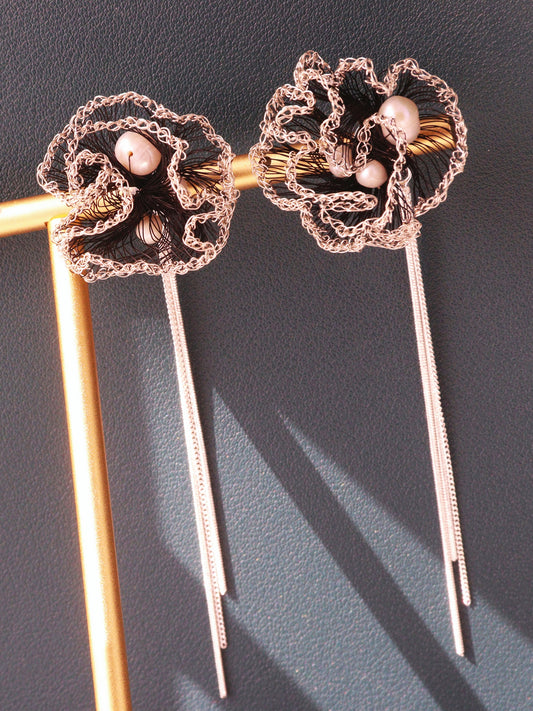 Black & Silver Pearl Tassel Earrings – Long 9cm Hand-Crocheted Statement Chain