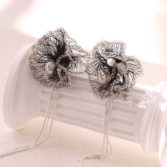 Black & Silver Pearl Tassel Earrings – Long 9cm Hand-Crocheted Statement Chain