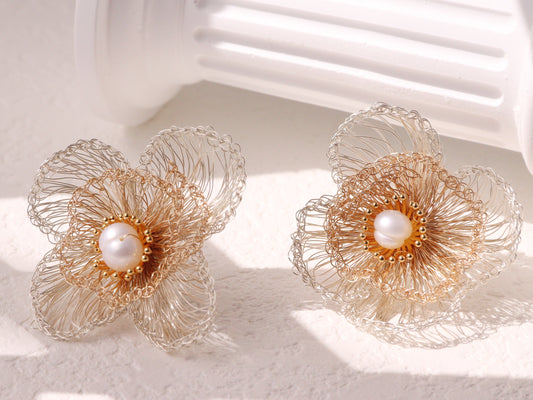 Four-Petal Cluster Flower Pearl Studs – Gold & Silver Wire Artisan Jewelry