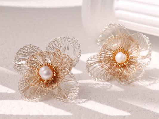 Four-Petal Cluster Flower Pearl Studs – Gold & Silver Wire Artisan Jewelry